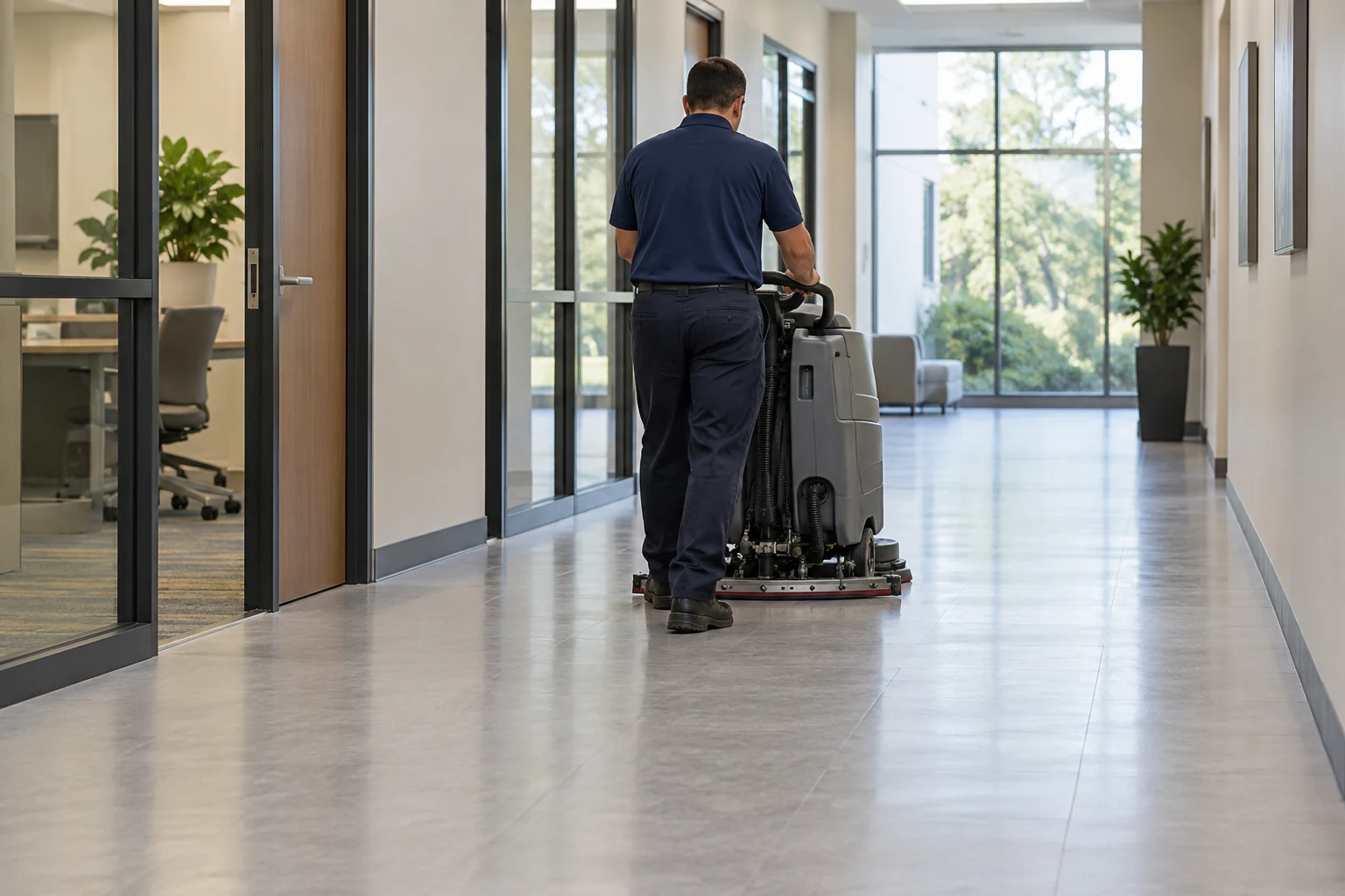 Illustrative image of machine floor cleaning in a commercial hallway