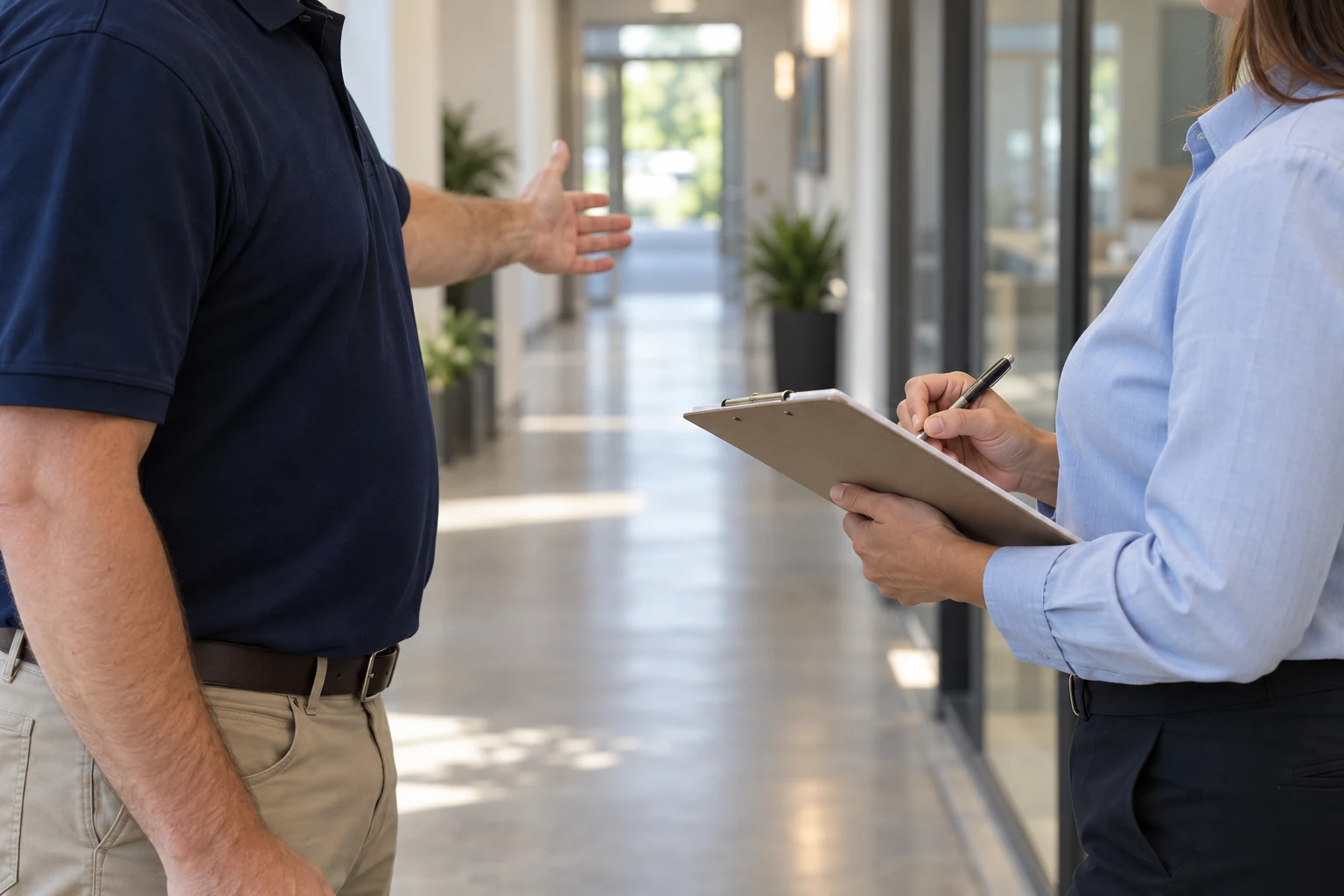 Illustrative image of a facility walkthrough and planning discussion
