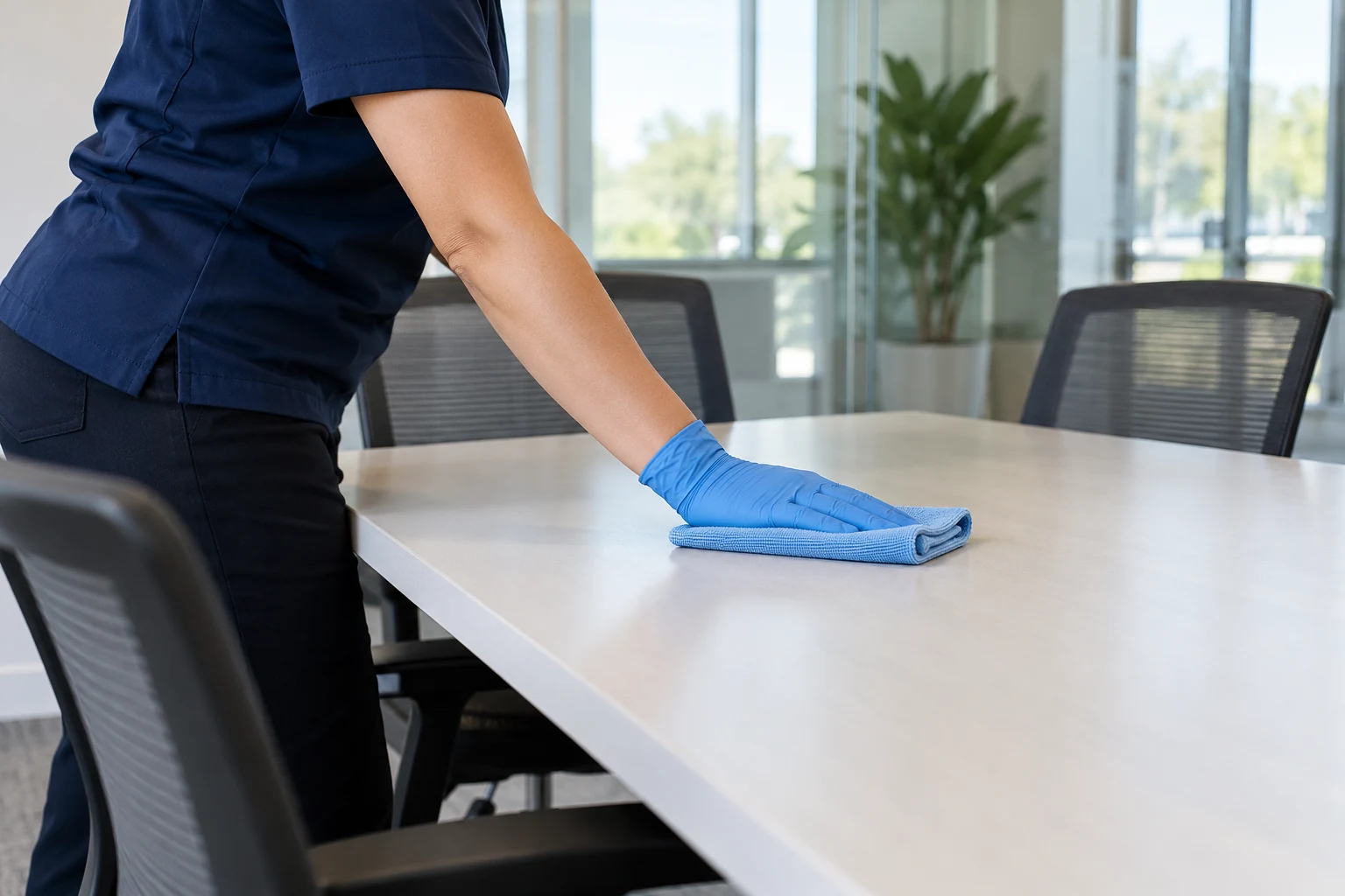 Illustrative image of a professional cleaning an office table